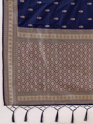 Navyblue jaquard silk woven zari work traditional saree with unstitch blouse 5