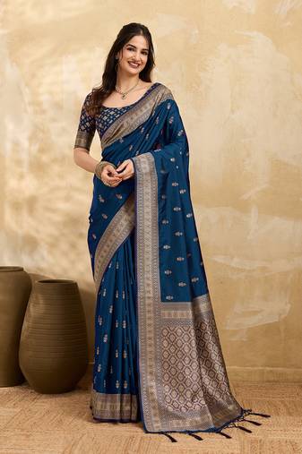 Morpeach jaquard silk woven zari work traditional saree with unstitch blouse