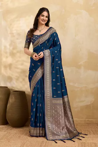 Morpeach jaquard silk woven zari work traditional saree with unstitch blouse