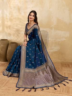 Morpeach jaquard silk woven zari work traditional saree with unstitch blouse 3