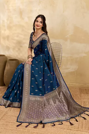Morpeach jaquard silk woven zari work traditional saree with unstitch blouse
