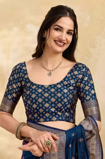 Morpeach jaquard silk woven zari work traditional saree with unstitch blouse