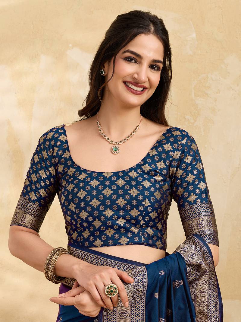 Morpeach jaquard silk woven zari work traditional saree with unstitch blouse