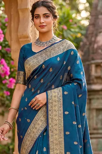 Morpeach jaquard silk woven zari work traditional saree with unstitch blouse