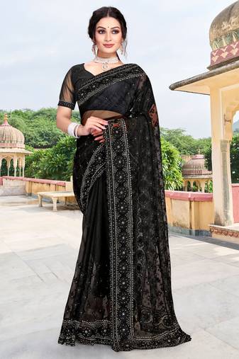 Black sequin zari embroidered net saree sari for women