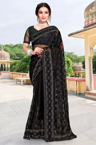 Black sequin zari embroidered net saree sari for women