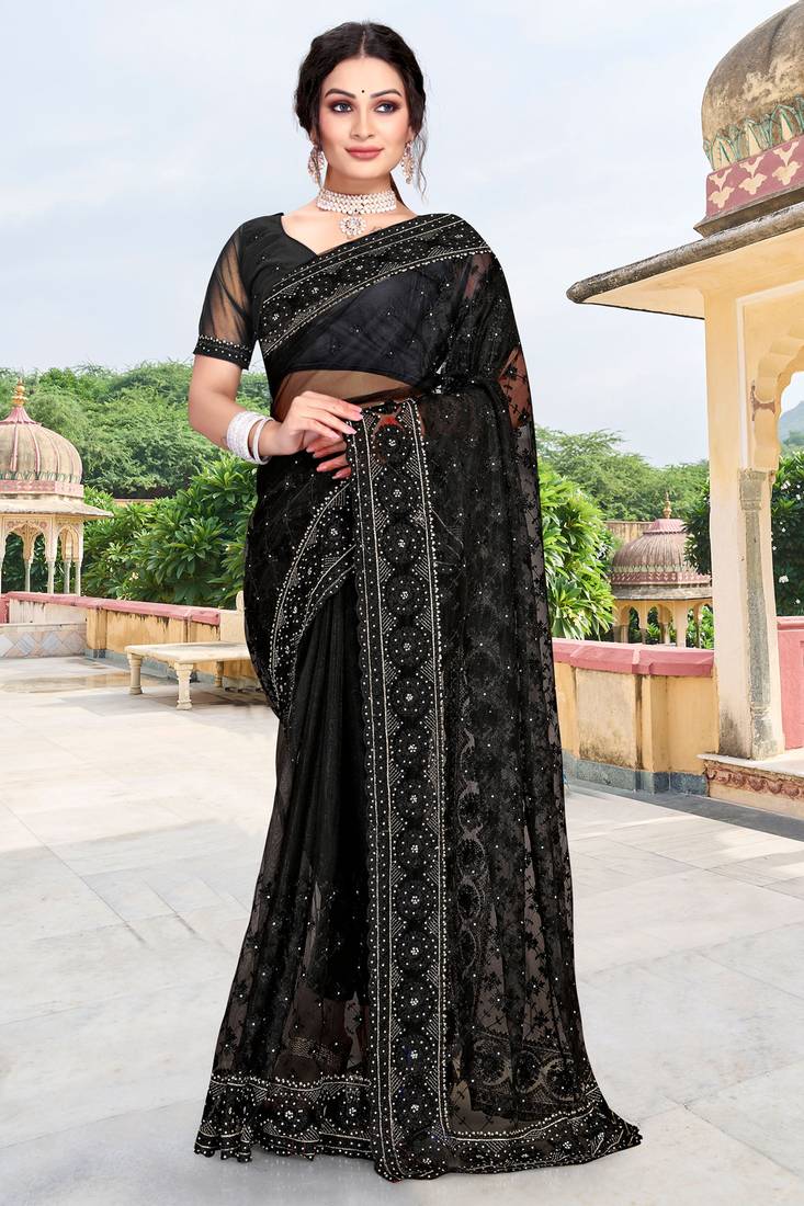 Black sequin zari embroidered net saree sari for women