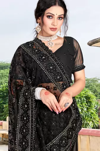 black net saree with sequin embroidery