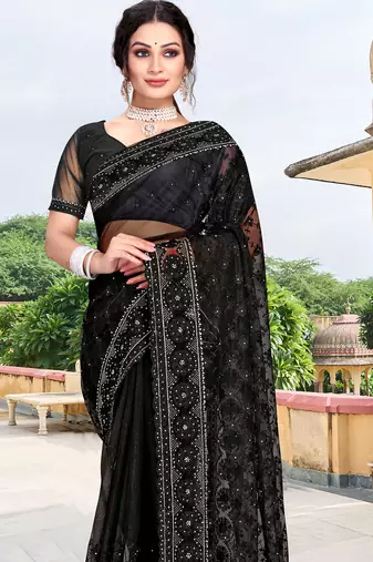 black net saree with sequin embroidery