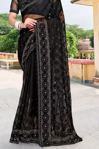 black net saree with sequin embroidery