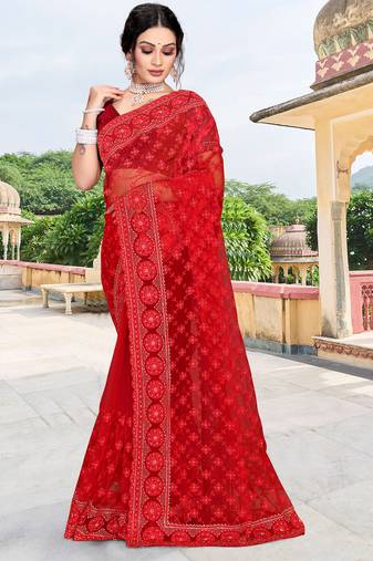 Red sequin zari embroidered net saree sari for women