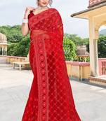 red net saree with zari sequin work