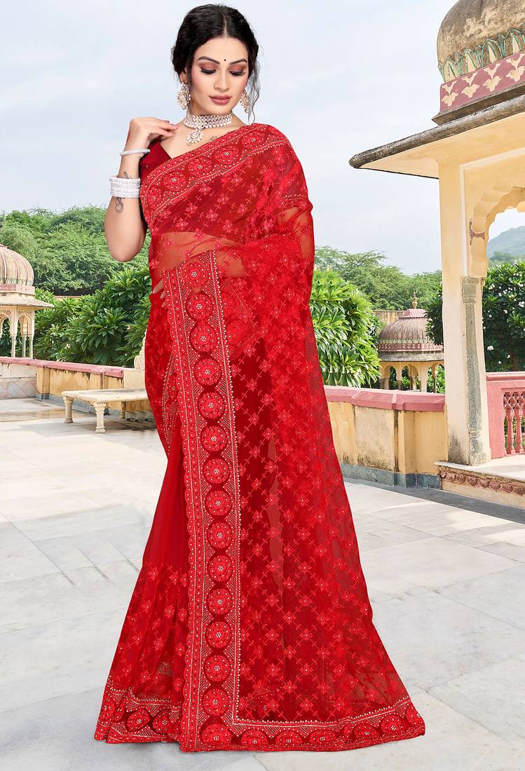 Red sequin zari embroidered net saree sari for women