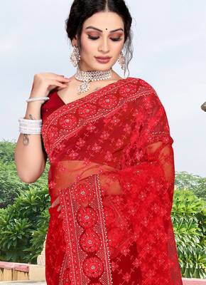 red net saree with zari sequin work 3