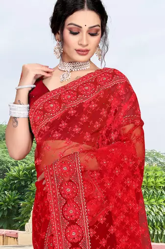 red net saree with zari sequin work