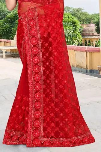 red net saree with zari sequin work