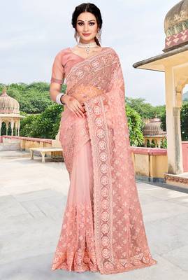 peach net saree with zari sequin work 1