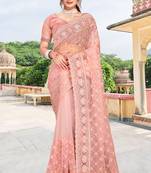 peach net saree with zari sequin work