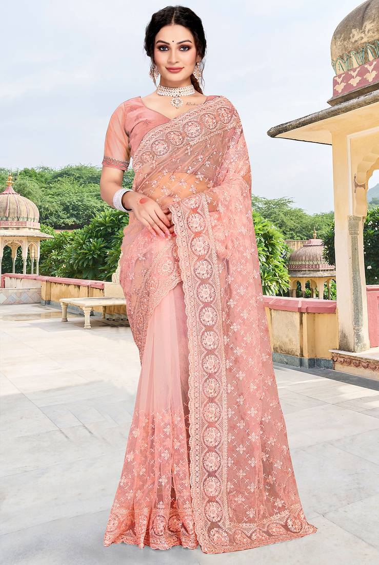Peach sequin zari embroidered net saree sari for women