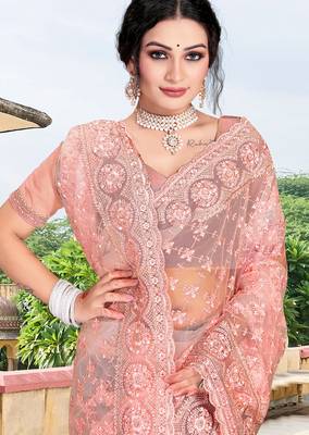 peach net saree with zari sequin work 2
