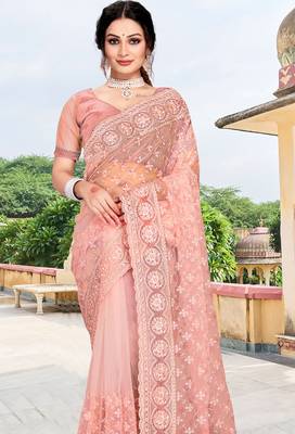 peach net saree with zari sequin work 3
