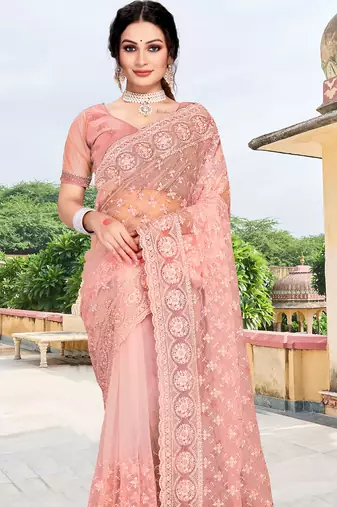 peach net saree with zari sequin work