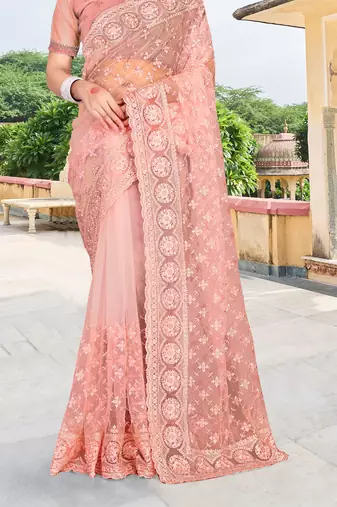 peach net saree with zari sequin work