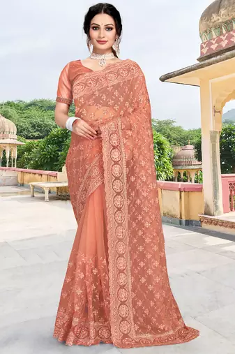 Light brown sequin zari embroidered net saree sari for women