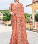 light brown net saree with sequin zari work