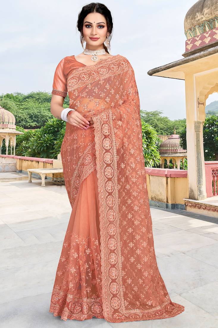 Light brown sequin zari embroidered net saree sari for women