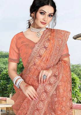 light brown net saree with sequin zari work 2