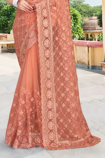 light brown net saree with sequin zari work