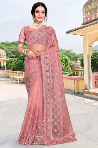 Pink sequin zari embroidered net saree sari for women