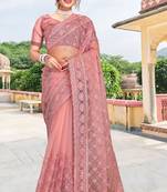pink net saree with zari sequin work