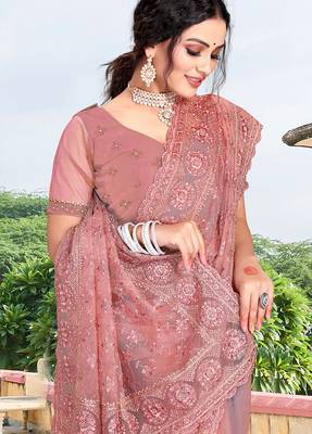 pink net saree with zari sequin work 2