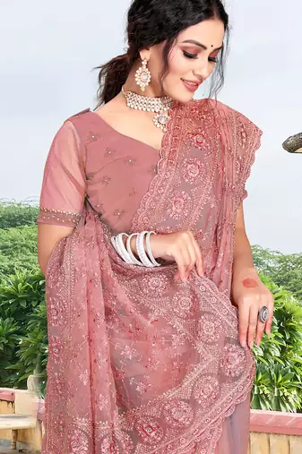 pink net saree with zari sequin work