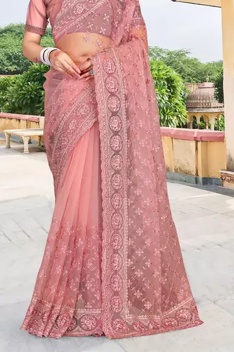 pink net saree with zari sequin work