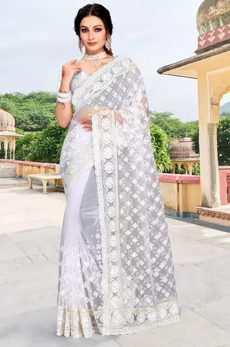 White sequin zari embroidered net saree sari for women