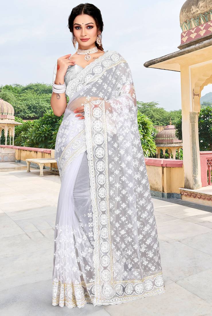 White sequin zari embroidered net saree sari for women