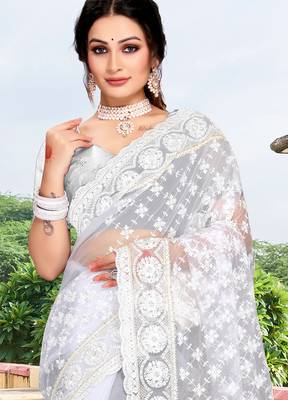 white net saree with sequin zari work 3