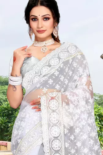 white net saree with sequin zari work