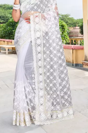 white net saree with sequin zari work