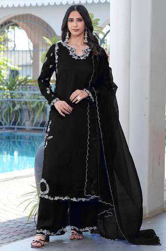 Royal-blue embroidered modal satin stitched straight cut kurta culottes dupatta readymade suits