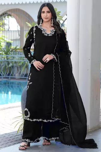 Royal-blue embroidered modal satin stitched straight cut kurta culottes dupatta readymade suits