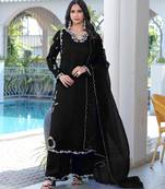 Royal-blue embroidered modal satin stitched straight cut kurta culottes dupatta readymade suits