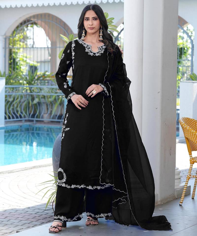Royal-blue embroidered modal satin stitched straight cut kurta culottes dupatta readymade suits
