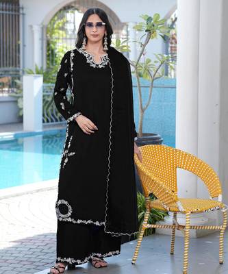 Royal-blue embroidered modal satin stitched straight cut kurta culottes dupatta readymade suits 2