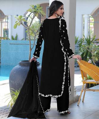 Royal-blue embroidered modal satin stitched straight cut kurta culottes dupatta readymade suits 3