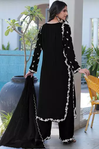 Royal-blue embroidered modal satin stitched straight cut kurta culottes dupatta readymade suits