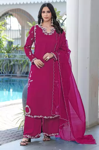 Magenta embroidered modal satin stitched straight cut kurta culottes dupatta readymade suits